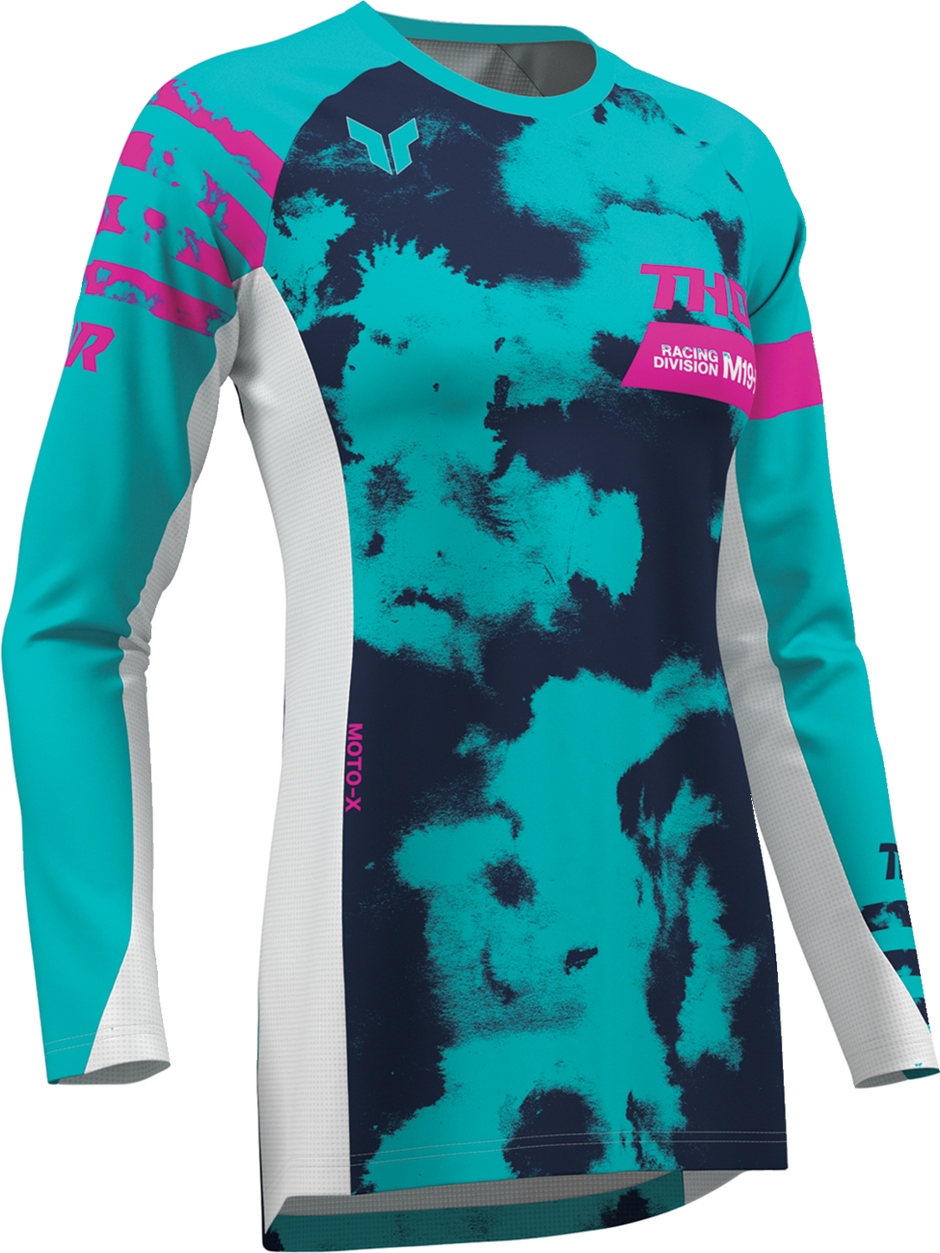THOR Women's Launchmode Bleach Jersey in white and aqua, offroad ATV apparel, XS size, featuring breathable fabric and sporty design.