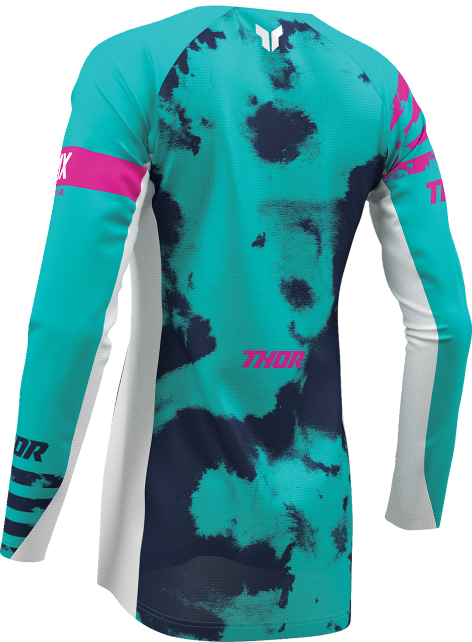THOR Women's Launchmode Bleach Jersey in white and aqua, offroad ATV apparel, XS size, casual motocross-inspired jersey.