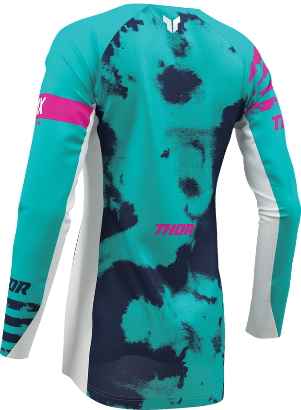THOR Women's Launchmode Bleach Jersey in white and aqua, offroad ATV apparel, XS size, casual motocross-inspired jersey.