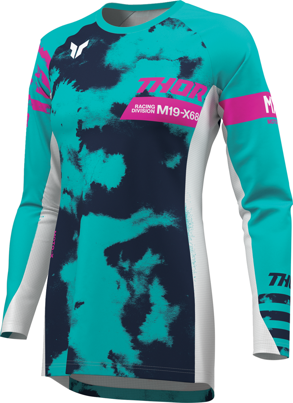 THOR Women's Launchmode Bleach Jersey in white and aqua, offroad ATV apparel, XS size, with breathable fabric and sporty design.