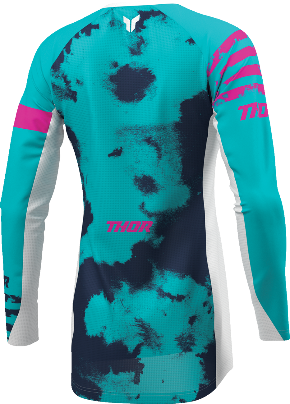 THOR Women's Launchmode Bleach Jersey in White and Aqua, offroad ATV apparel, front view showing logo and vibrant design.