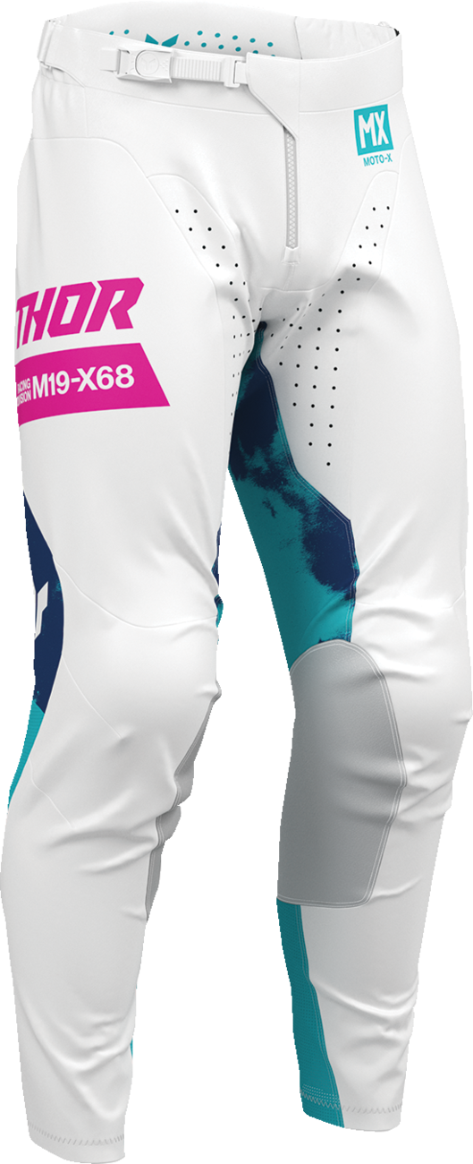THOR Launchmode bleach pants in white and aqua, offroad ATV apparel, US 32, casual riding gear with durable fabric and distinct design.