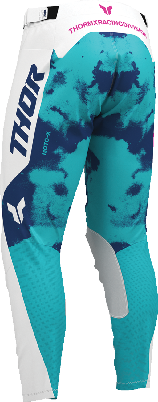 THOR Launchmode bleach pants in white and aqua, offroad ATV apparel, US 32 size, durable motocross riding gear.