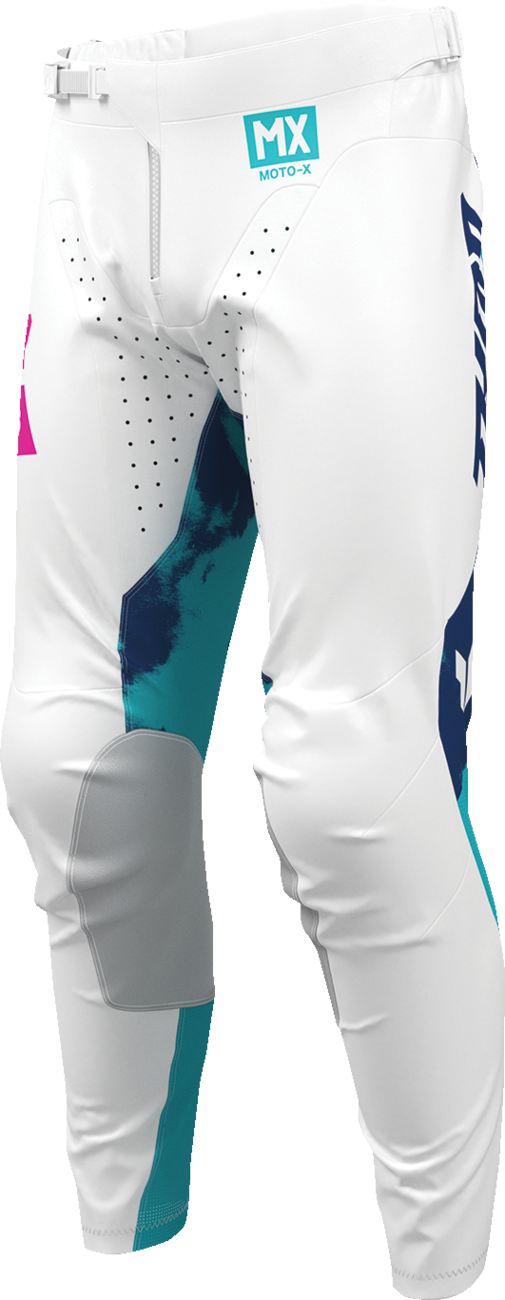 THOR Launchmode bleach pants in white and aqua, ATV offroad riding gear, US size 32, durable motocross apparel.