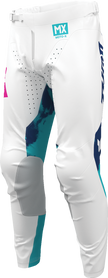 THOR Launchmode bleach pants in white and aqua, ATV offroad riding gear, US size 32, durable motocross apparel.