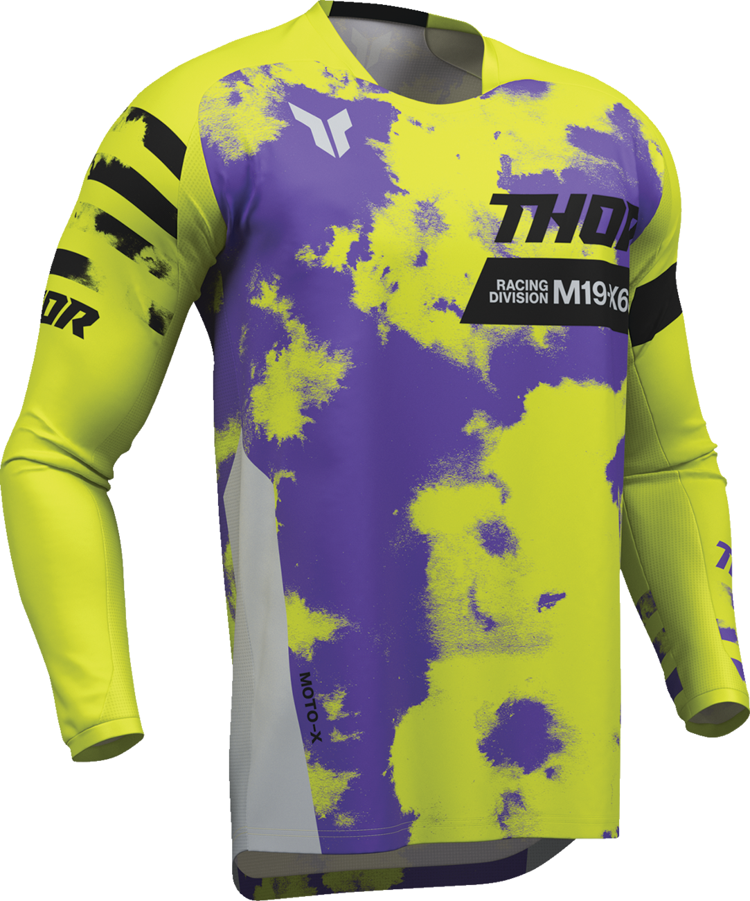 Gray and acid-colored THOR Launchmode Bleach Jersey off-road ATV apparel, featuring a lightweight, breathable motocross jersey design.