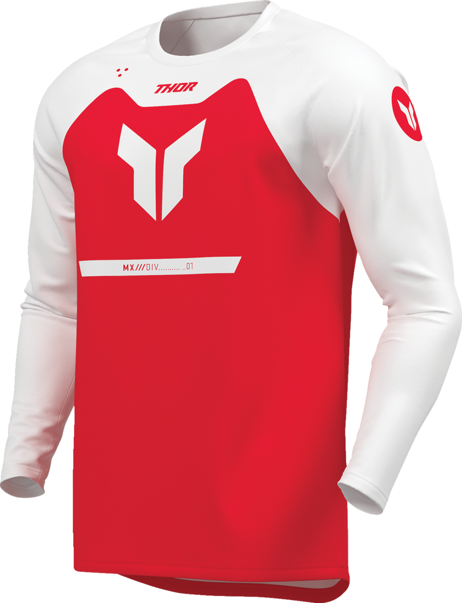 Red THOR Ridemode Menace Jersey for men, offroad ATV apparel, medium size, featuring durable fabric and offroad riding design.