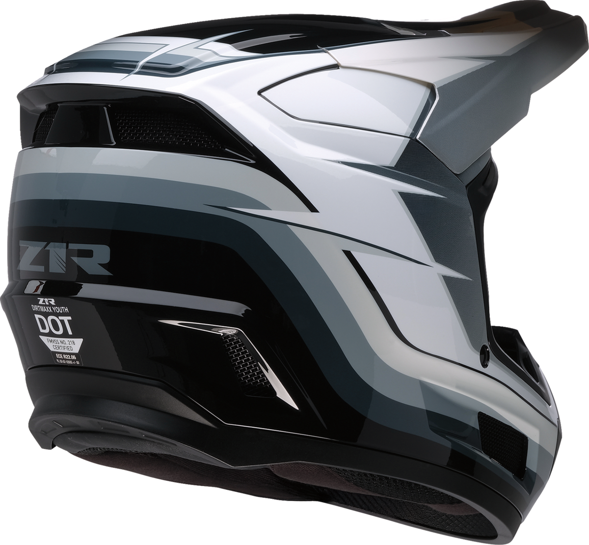 Z1R Youth Dirt Maxx Vortex offroad full face helmet in black, white, and gray for children, size large, on a plain background.