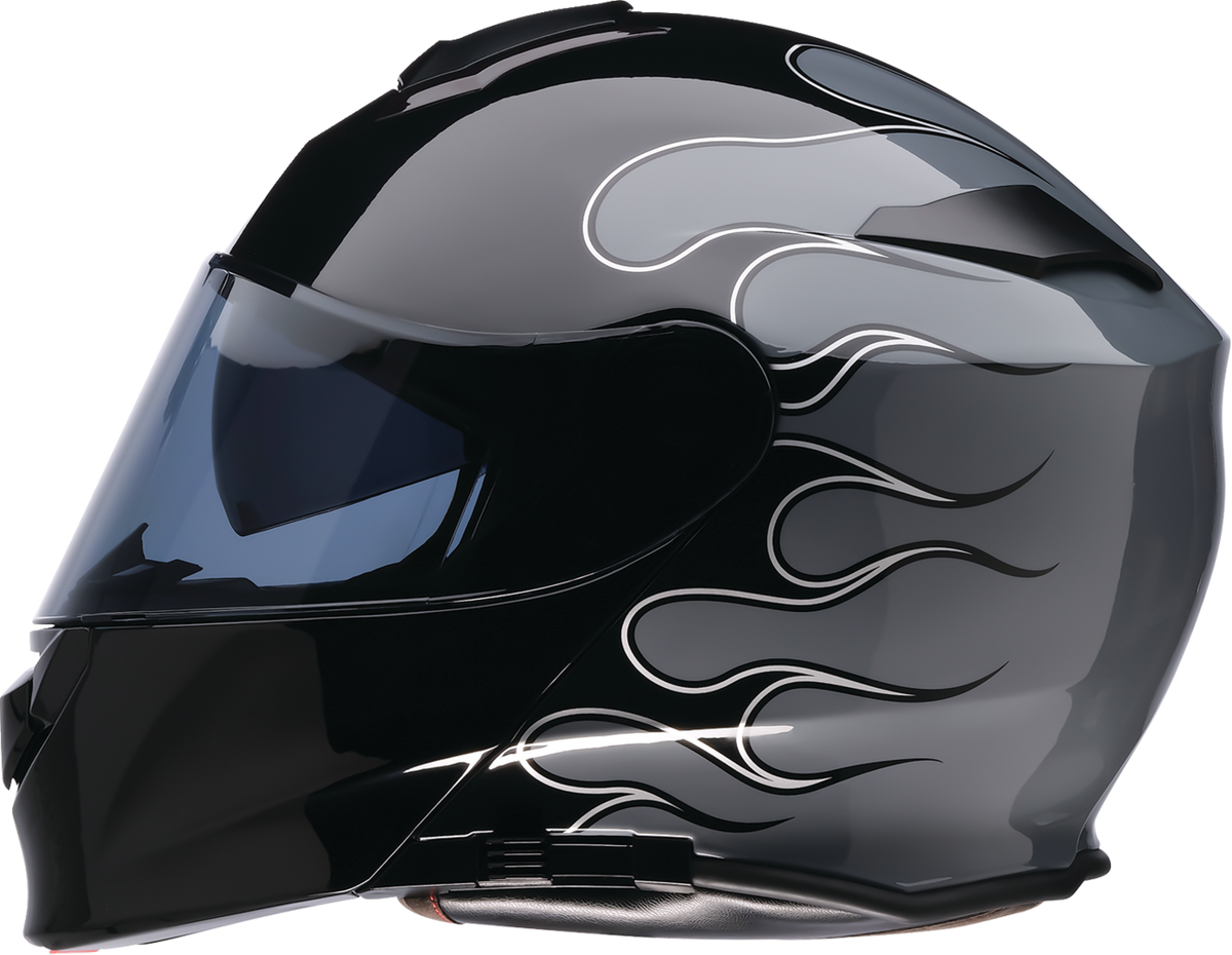Black and gray Z1R Solaris 2.0 modular street helmet with flame design, XS size, featuring full face and flip-up modular features.