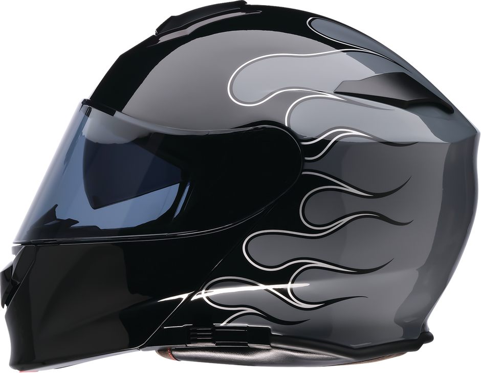 Black and gray Z1R Solaris 2.0 modular street helmet with flame design, XS size, featuring full face and flip-up modular features.
