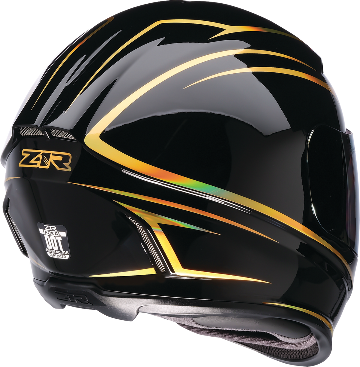 Black and gold Z1R Jackal street full face helmet in foil finish, adult size XS, with sleek aerodynamic design.