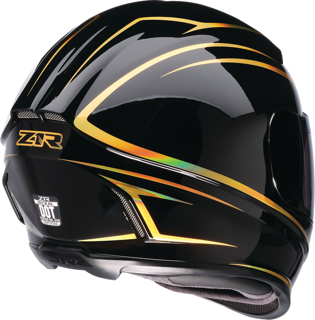 Black and gold Z1R Jackal street full face helmet in foil finish, adult size XS, with sleek aerodynamic design.