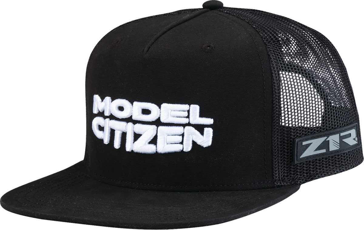 Black Z1R Model Citizen hat with adjustable strap, featuring a curved brim and embroidered logo, worn by a person.