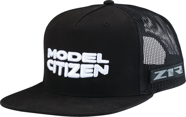 Black Z1R Model Citizen hat with adjustable strap, featuring a curved brim and embroidered logo, worn by a person.