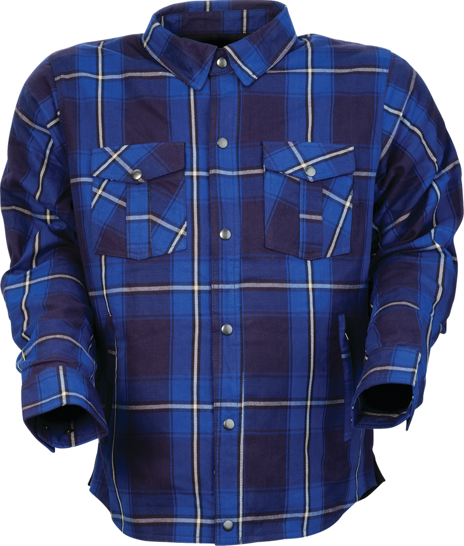 Z1R Ashwood Flannel shirt in blue, medium size, featuring a casual streetwear design with button-up front and plaid pattern.