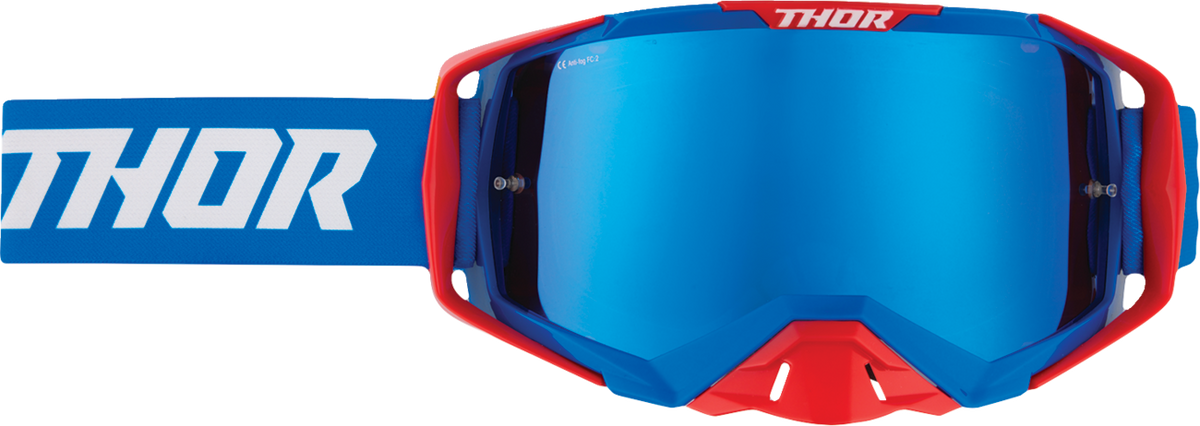 THOR Activate Goggle Flite in red, white, and blue with blue mirror lens, designed for motocross or outdoor sports.