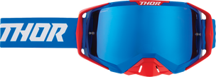 THOR Activate Goggle Flite in red, white, and blue with blue mirror lens, designed for motocross or outdoor sports.