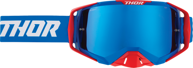 THOR Activate Goggle Flite in red, white, and blue with blue mirror lens, designed for motocross or outdoor sports.