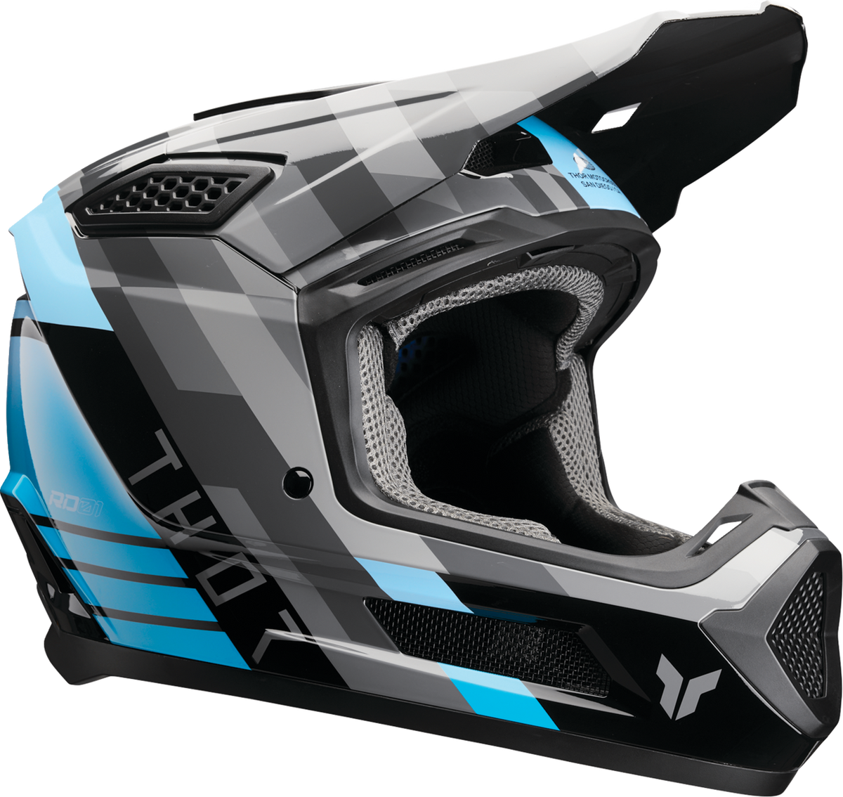 THOR Fleet Camber offroad full face 1-piece adult helmet in black and teal, 2XL size, with ventilation and secure chin strap.