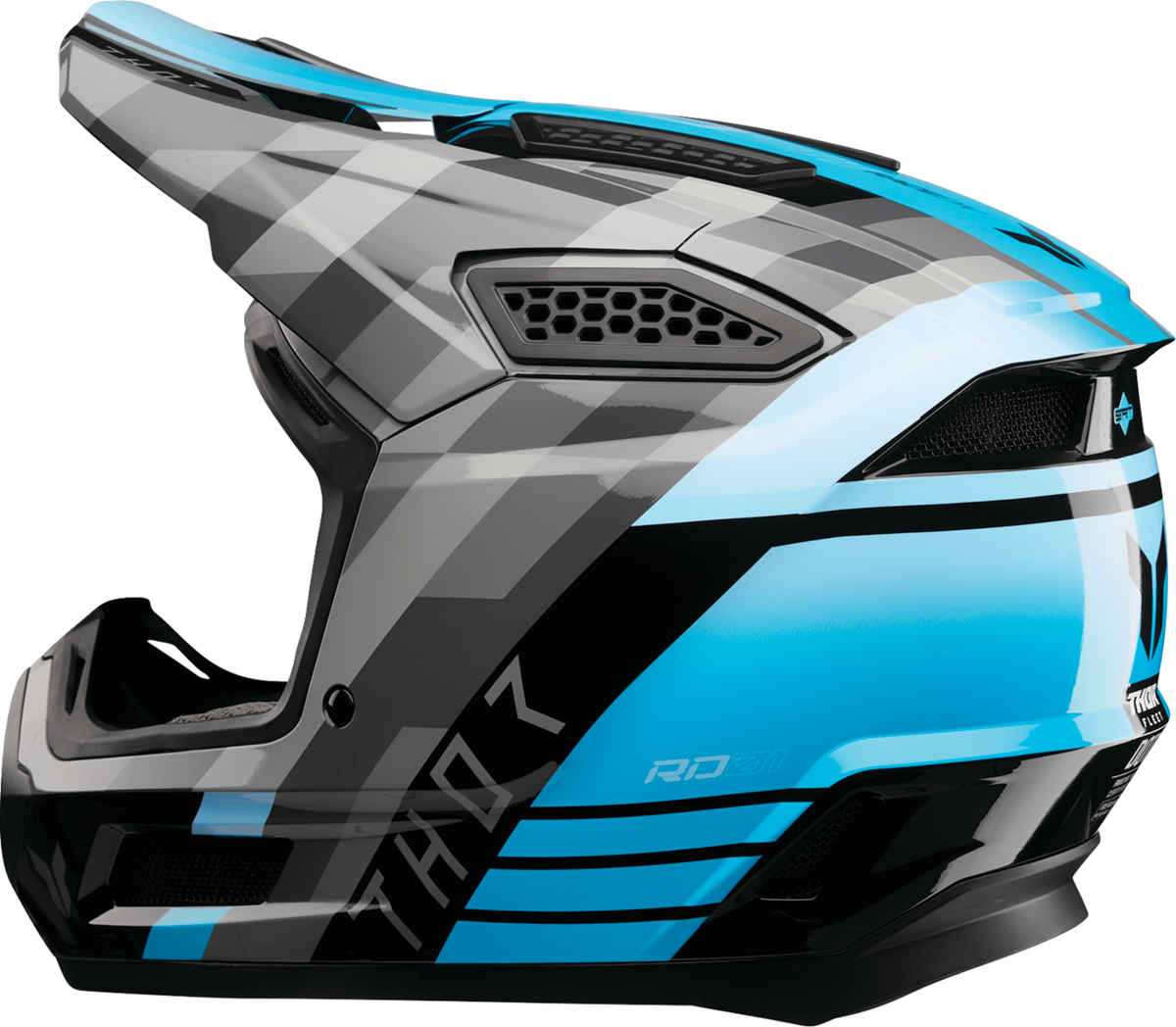THOR Fleet Camber offroad full face helmet in black and teal, 2XL size, with aerodynamic design and ventilation features.