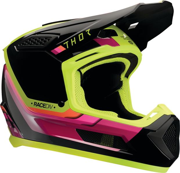 THOR Fleet Defy offroad full face helmet in black and acid green, adult XL size, with vented design and secure chin strap.
