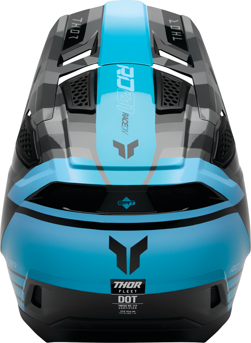 THOR Fleet full face offroad helmet in black and teal, 2XL size, with sleek design and adjustable chin strap.