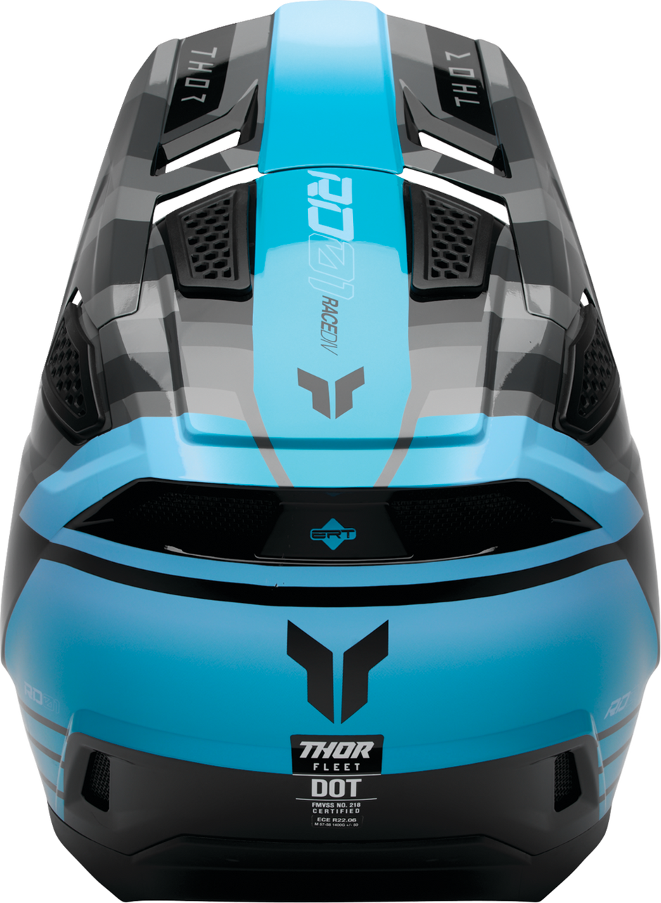 THOR Fleet full face offroad helmet in black and teal, 2XL size, with sleek design and adjustable chin strap.