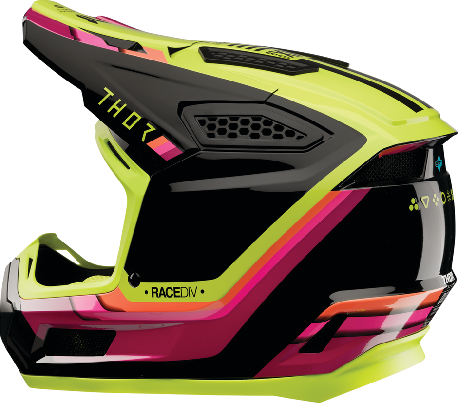 Black and acid-colored THOR Fleet Offroad Full Face Helmet for adults, size XL, with sleek design and ventilation features.