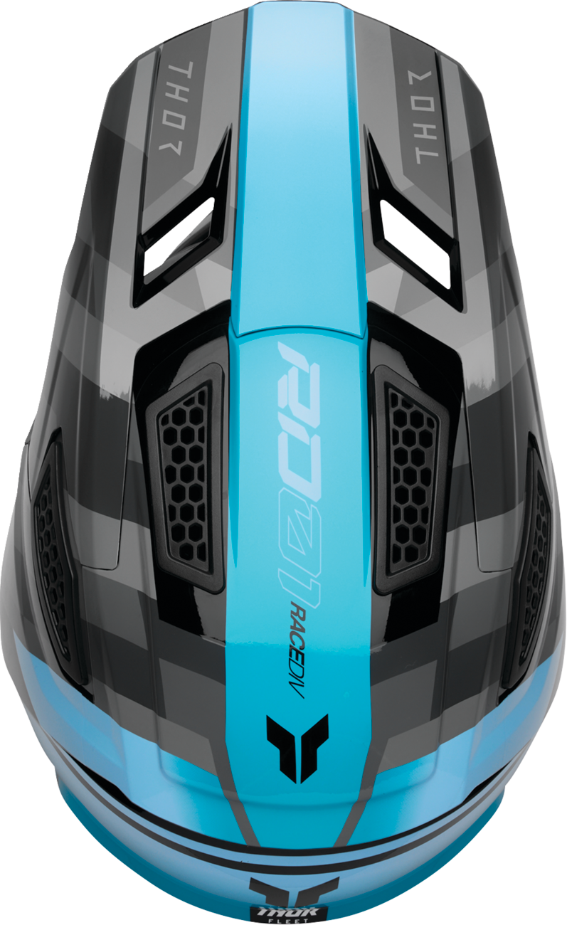Black and teal THOR Fleet offroad full face helmet in 2XL size, featuring a sleek design and full-face coverage for adult riders.