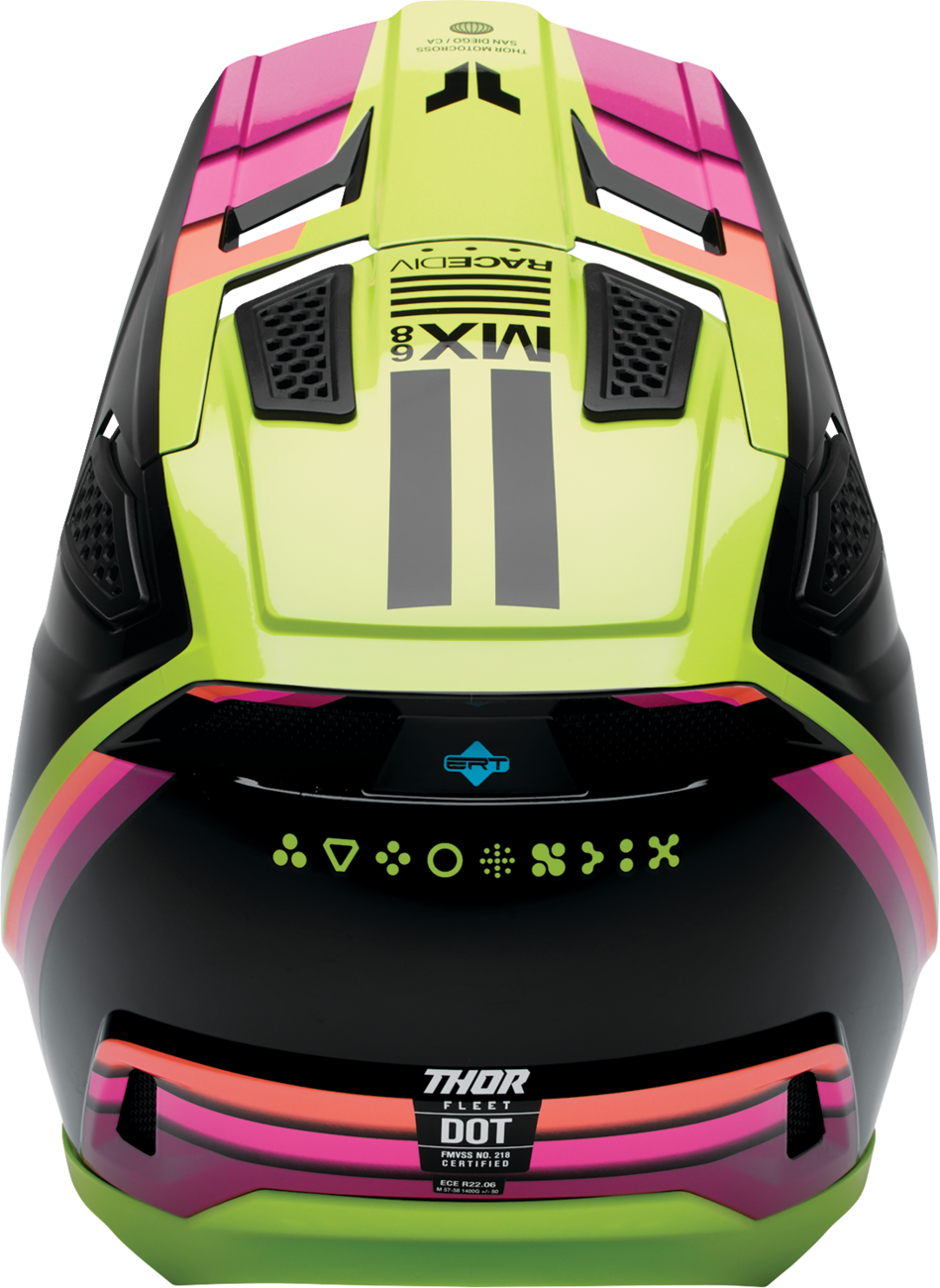 THOR Fleet Defy offroad full face adult helmet in black and acid colors, XL size, with vented design and secure strap.