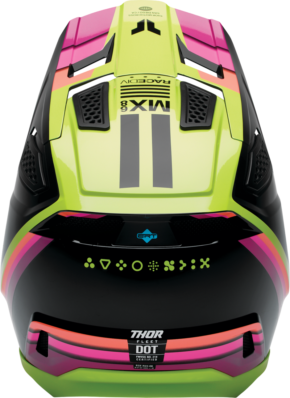 THOR Fleet Defy offroad full face adult helmet in black and acid colors, XL size, with vented design and secure strap.