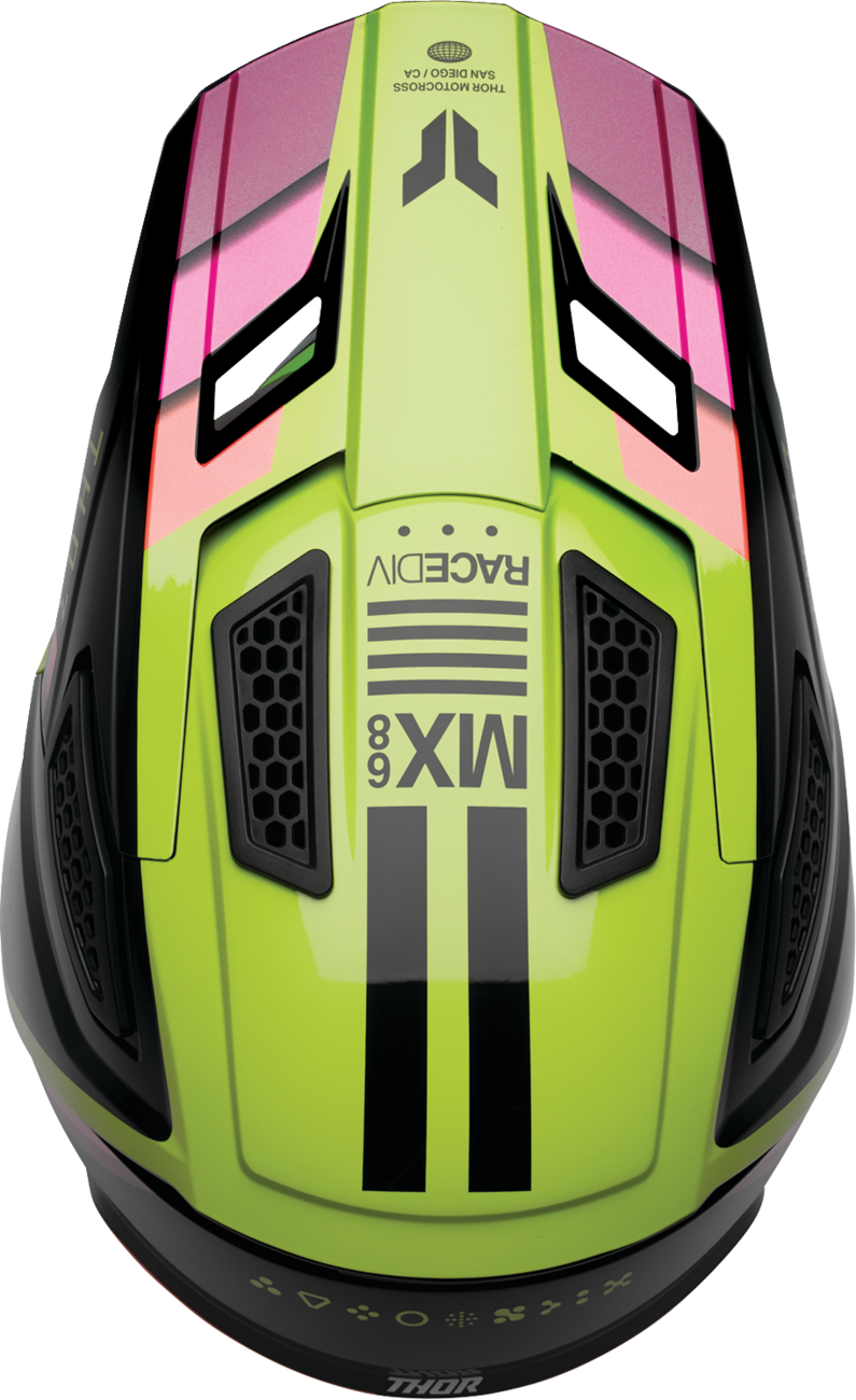 Black and acid-colored THOR Fleet offroad full face helmet in XL size with aerodynamic design and ventilation features.