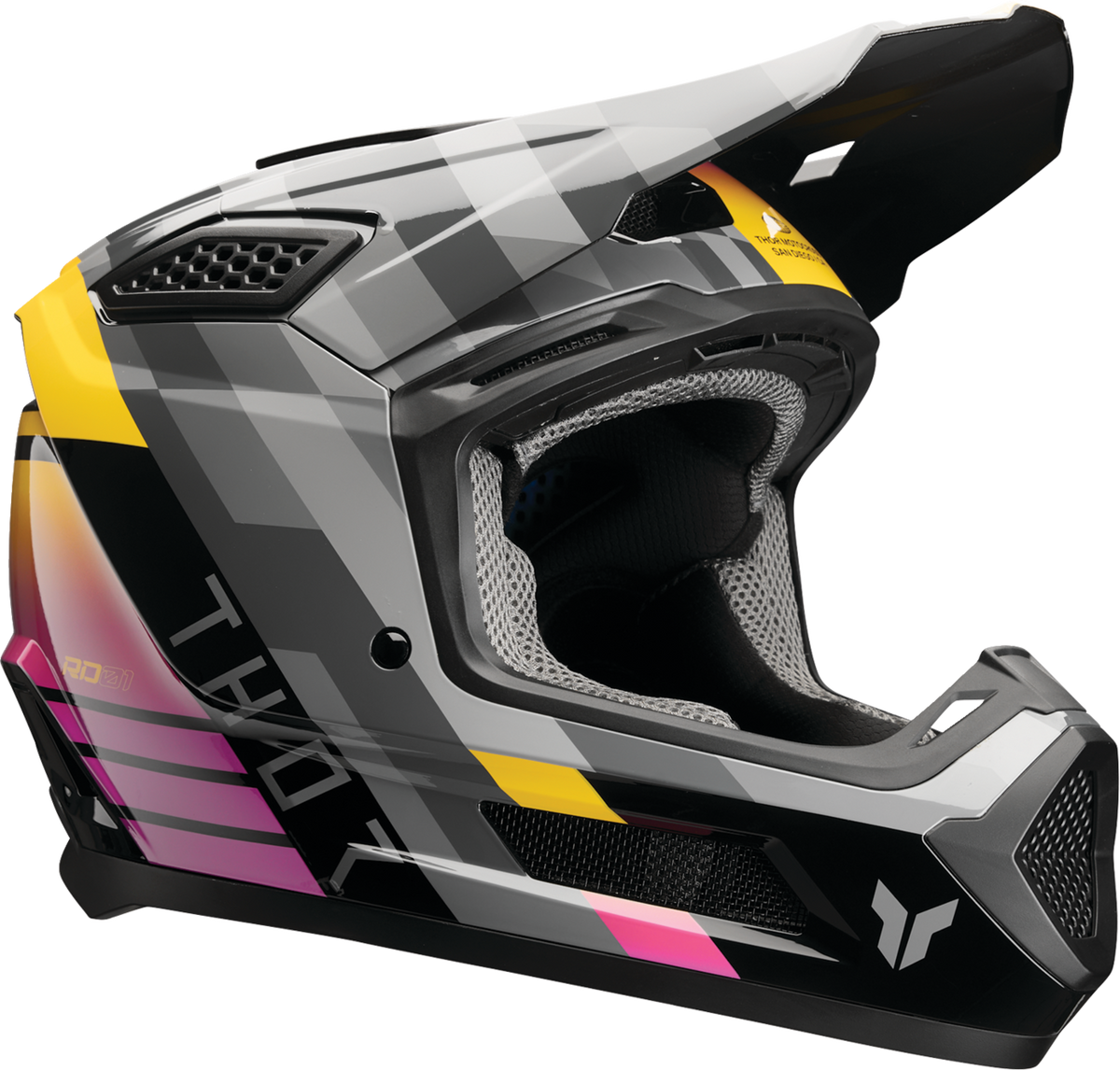 THOR Fleet Camber offroad full face adult helmet in black and magenta, XL size, with ventilation and secure chin strap.