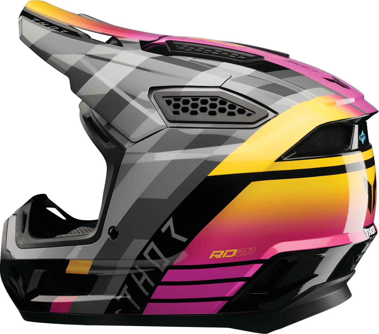 THOR Fleet Camber offroad full face adult helmet in black and magenta, size XL, with aerodynamic design and ventilation features.