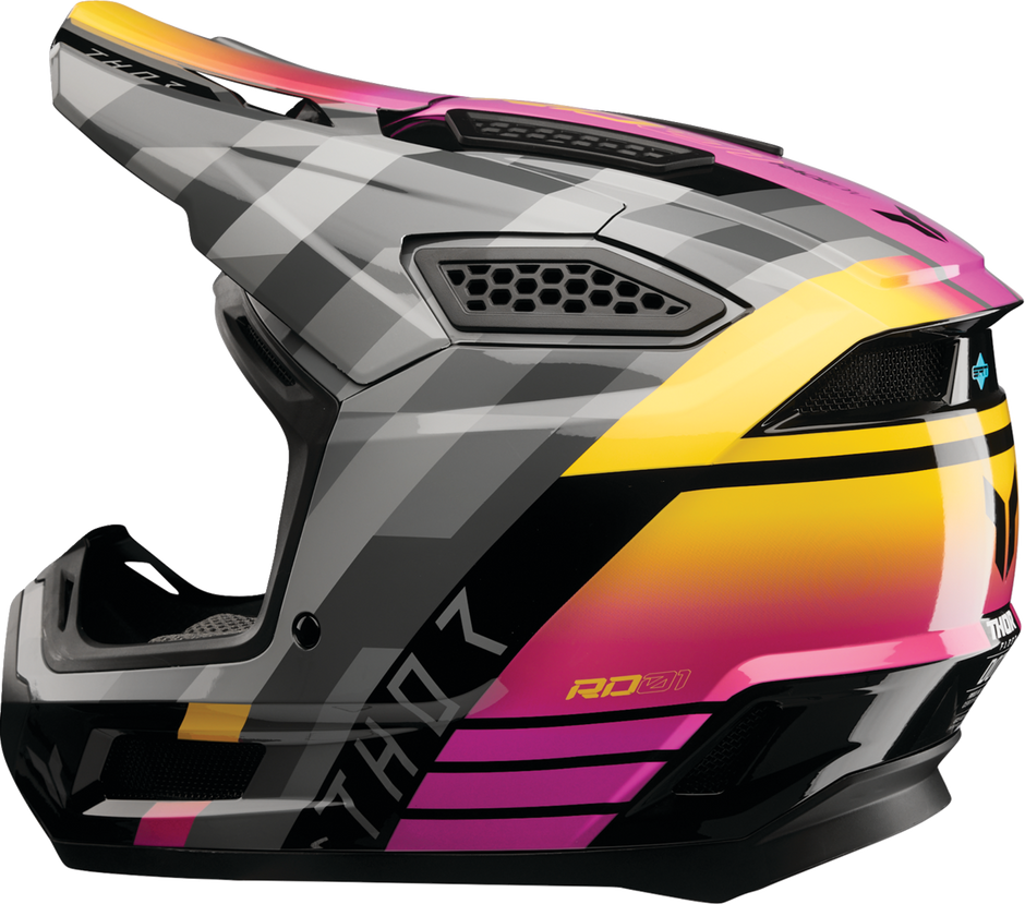 THOR Fleet Camber offroad full face adult helmet in black and magenta, size XL, with aerodynamic design and ventilation features.