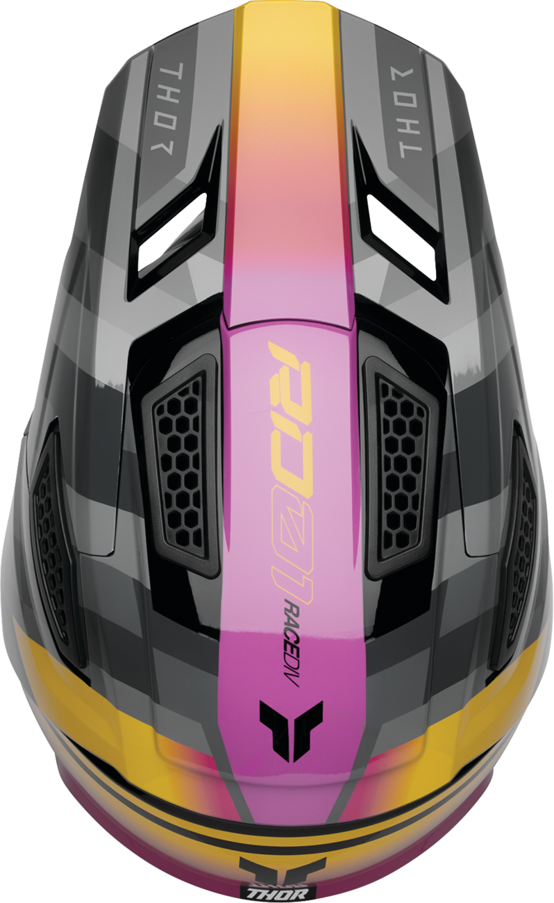 THOR Fleet Camber offroad full face adult helmet in black and magenta, size XL, with ventilation and sleek design.
