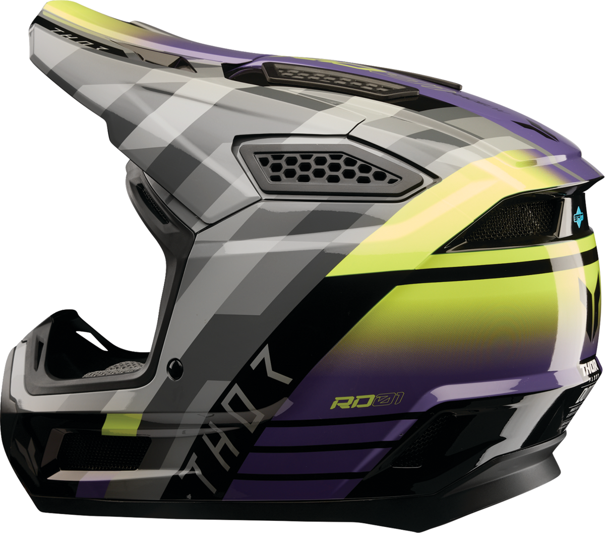 Black and purple THOR Fleet offroad full face helmet in 2XL size with Camber design, suitable for adult motocross riding.