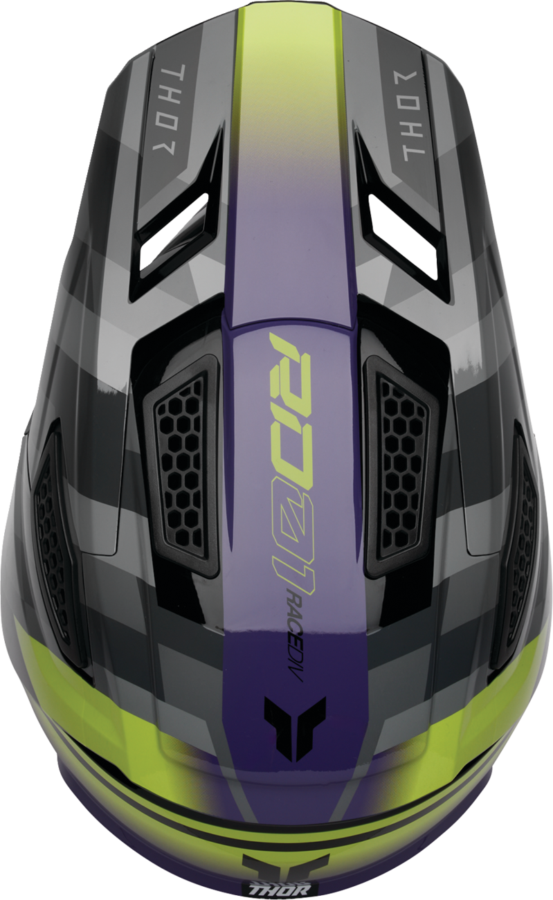 Offroad full face THOR Fleet Camber helmet in black and purple, 2XL size, with sleek design and ventilation details.