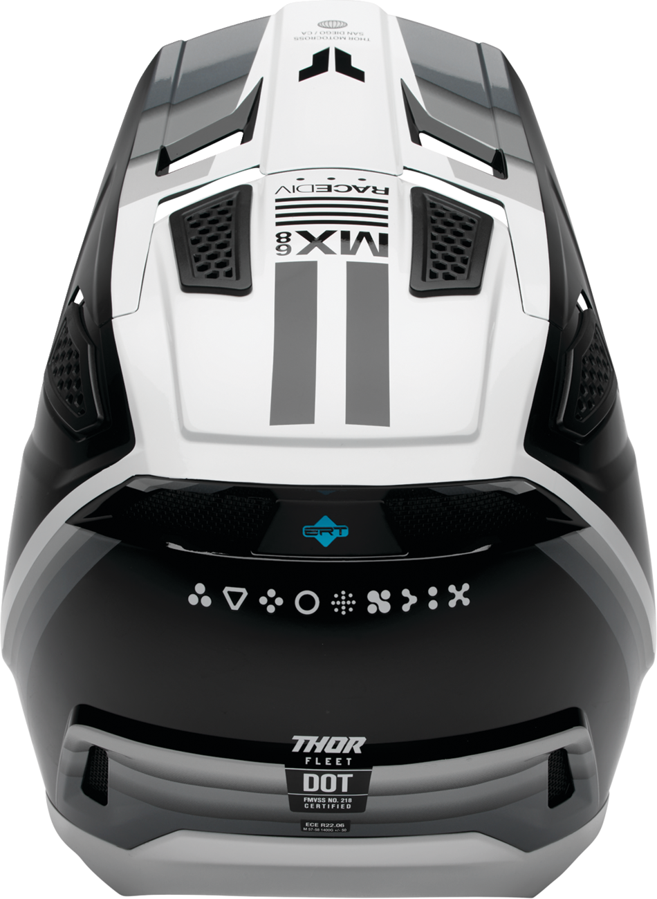THOR Fleet Defy offroad full face helmet in black and white, adult 2XL size, with ventilation and secure chin strap.