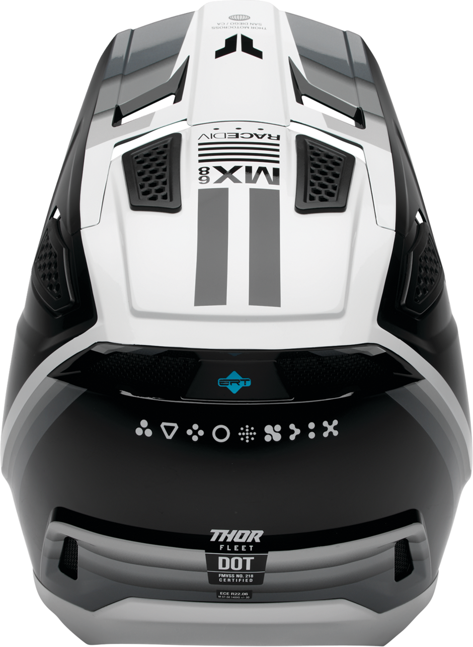 THOR Fleet Defy offroad full face helmet in black and white, adult 2XL size, with ventilation and secure chin strap.