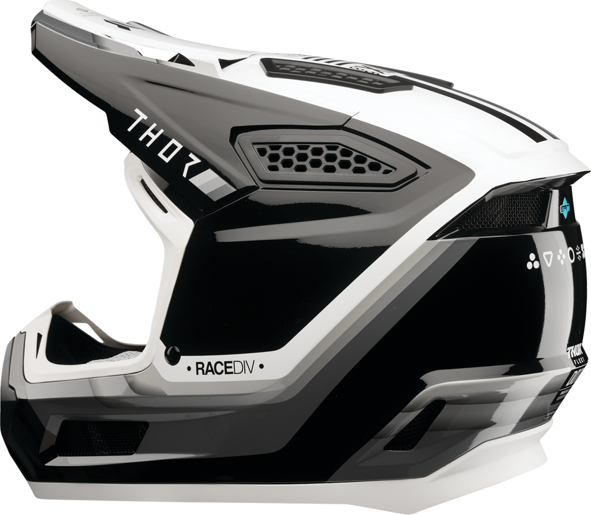 THOR Fleet Defy offroad full face motorcycle helmet in black and white, 2XL size, with aerodynamic design and secure chin strap.