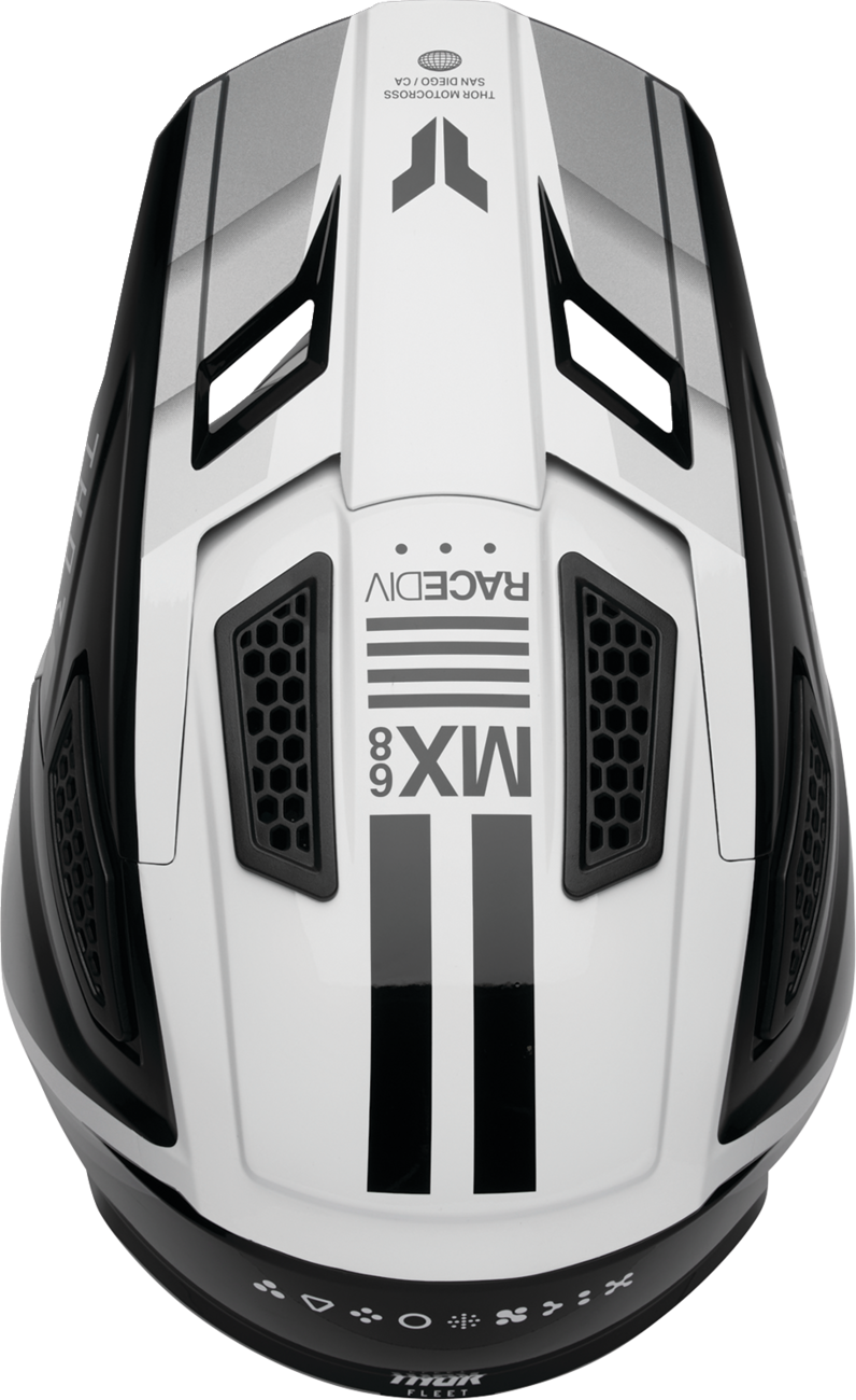THOR Fleet Defy offroad full face helmet in black and white, adult 2XL size, with sleek design and ventilation features.