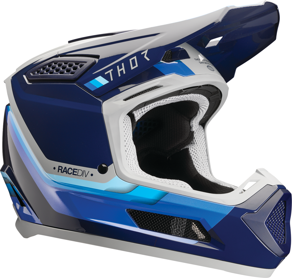 THOR Fleet Defy offroad full face helmet in blue and gray, adult 2XL size, with ventilation and secure strap.