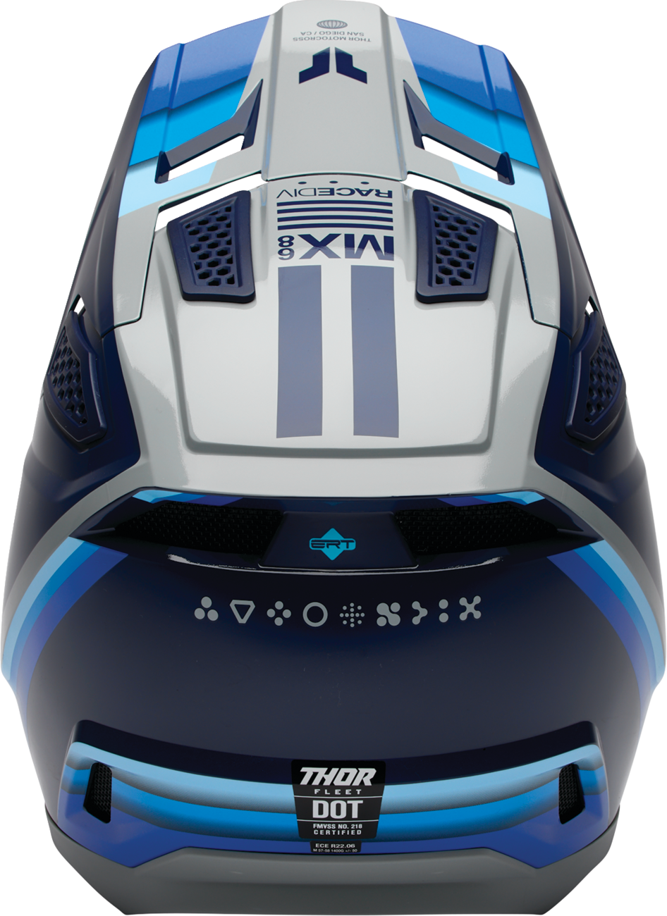 THOR Fleet Defy offroad full face helmet in blue and gray, adult 2XL size, with aerodynamic design and secure chin strap.