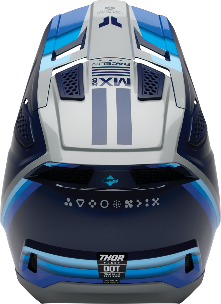THOR Fleet Defy offroad full face helmet in blue and gray, adult 2XL size, with aerodynamic design and secure chin strap.