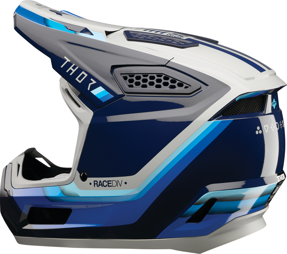 THOR Fleet Defy offroad full face motorcycle helmet in blue and gray, 2XL size, with aerodynamic design and secure chin strap.