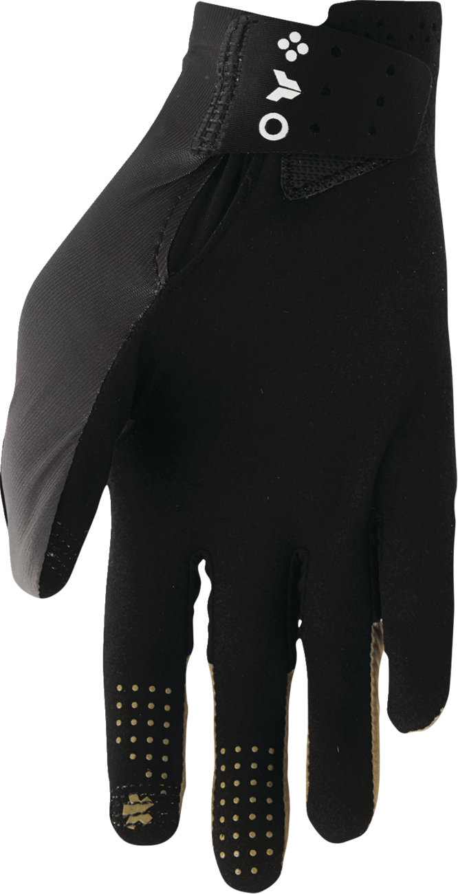 THOR Sportmode Iconic gloves in black and copper, XS size, showing padded construction and textured grip for motorcycle riding.