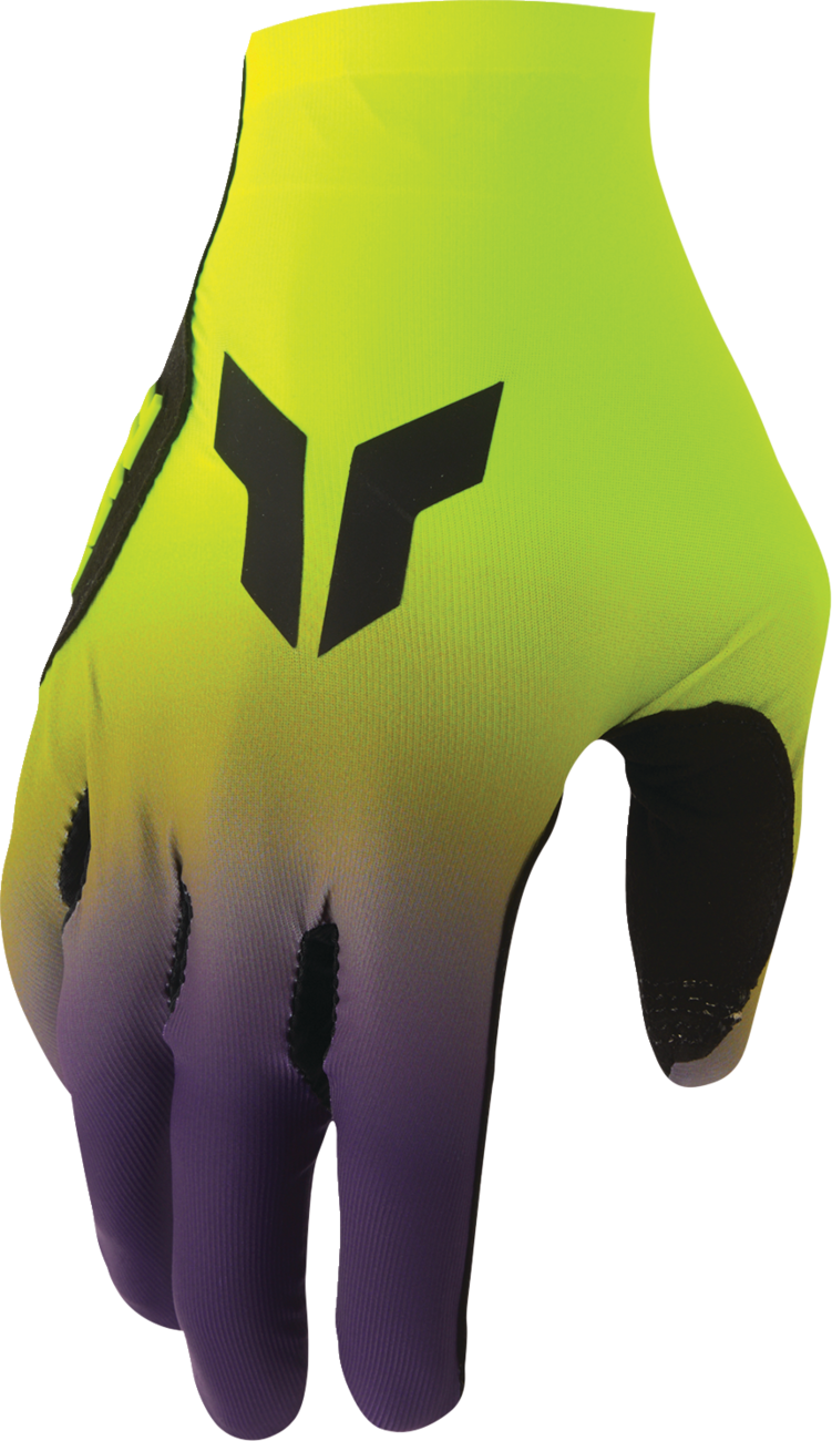 THOR Sportmode Iconic Gloves in acid purple, XS size, showing padded gloves with adjustable wrist strap and textured grip areas.