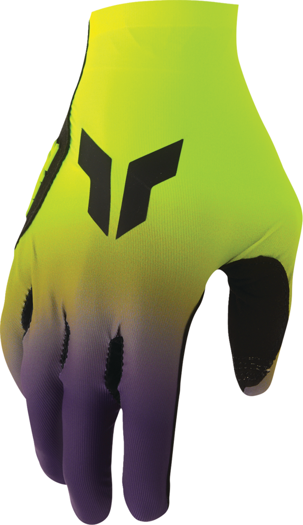 THOR Sportmode Iconic Gloves in acid purple, XS size, showing padded gloves with adjustable wrist strap and textured grip areas.