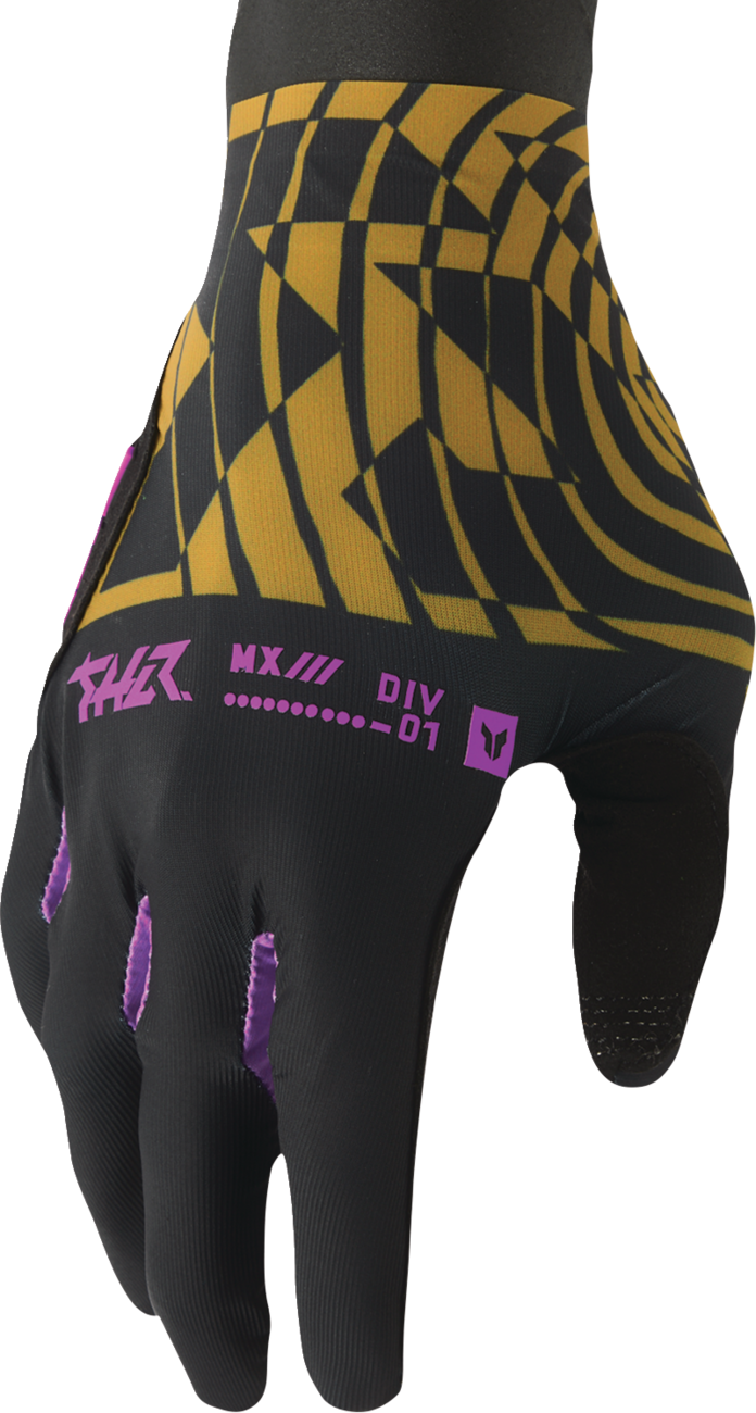 Black and caramel THOR Sportmode Mind Control gloves in XS size, showing the textured leather material and secure wrist closure.